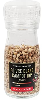 Poivre de Kampot Blanc IGP - Moulin Réglable - Poivres d’Exception - Poivre Doux avec des Notes Fruitées - Force 2 - Produit Conditionné en France - 50g - ALBERT MÉNÈS
