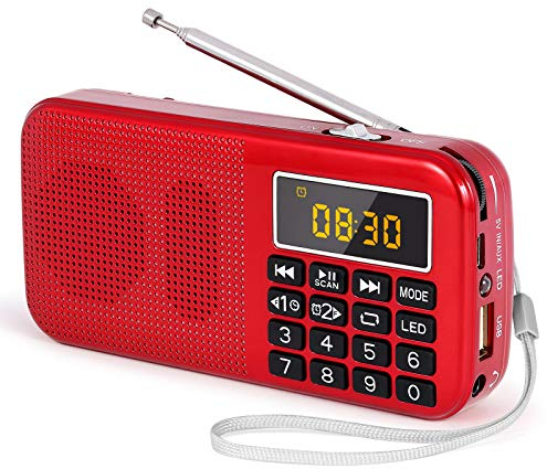 PRUNUS J-725 Radio Portatile Ricaricabile FM, Radiosveglia, Radiolina Portatili Digitale Piccola con Torcia di Emergenza, Funzioni di Orologio e di Allarme, Lettore MP3,Support USB/AUX/TF Card (Rosso)