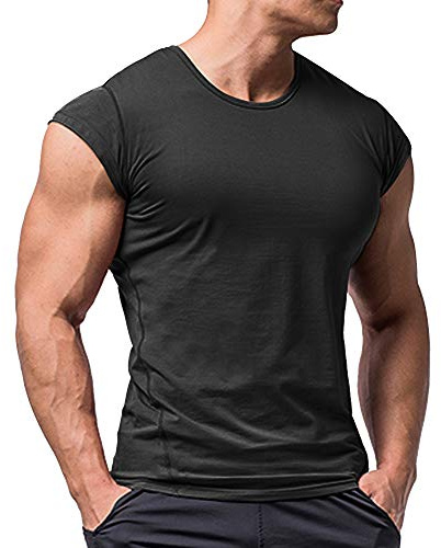 Sportiga t-shirts för män, t-shirts, korta ärmar, bodybuilding, träning, fitness, toppar, crew hals, bomull, svart, S
