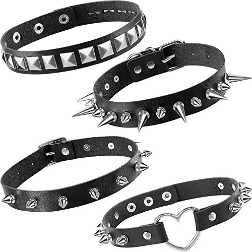 Hicarer Halsreif, Cool, Punk, für Damen und Herren, Herzform, Gothic, Halloween, Halsreif, PU-Leder, Nieten (schwarz), Kunstleder, Kunstleder, 4 Stück, Kunstleder