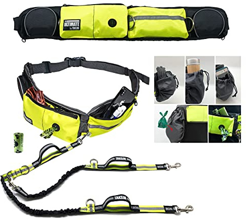 TAKSIN The Ultimate Hands Free Two Dogs Double Leash System for Walking Running Hiking Training, Reflective Bungee Leash, Treat Holder, Poop Bag Dispenser Small Medium Large Dogs (Yellow Deluxe Pack)