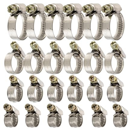 Schlauchschellen mit Schneckenantrieb Set, 24 Stück, Spannbereich Ø 8-25 mm, je 6 x Schellen mit Ø 8-12, 10-16, 12-20, 16-25, W2 Edelstahl, Kreuzschlitz SW 7, Schlauchklemmen, Rohrschellen