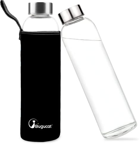 Bugucat Borosilicate Glass Water Bottle 1000ML,Reusable Stainless Steel Lid Drinking Bottle with Protective Sleeves,Juice Beverage Container BPA-Free Leak Proof for School Sport Yoga Hot Cold Drinks