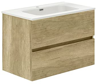 Baikal Mobile da bagno Due cassetti, sospeso alla parete con lavabo. Melamina 16. Mobile montato. Mobile da 70 cm Nature senza specchio