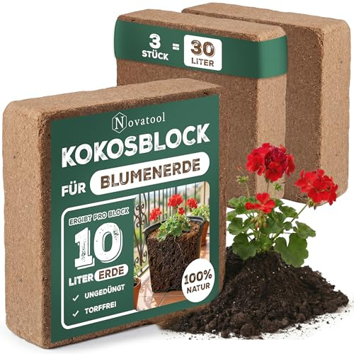 3X Blumenerde | Humuserde mit Beutel | Anzuchterde ohne Dünger | 30 Liter | Kokosfaser Erde Orchidee Cocos Humus 750g 19x18x5cm Torferde Garten Kokosnuss Erde Substrat Zimmerpflanzen Kokoserde