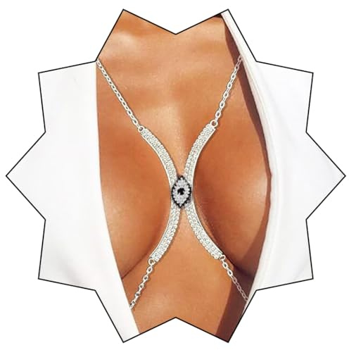 IYOU Briller Strass Corps Chaîne Argent Mauvais œil Chaînes de Soutien-gorge Scintillant Boîte de Nuit Halloween Faire la Fête Poitrine Chaîne Accessoires pour Femmes (Argent 1)