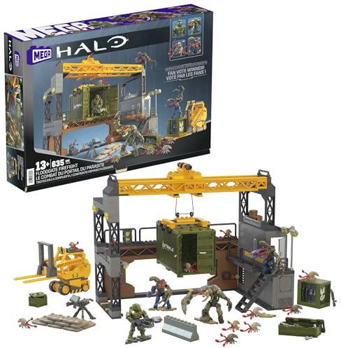 MEGA Halo Feuergefecht - Wandlungsfähiges Fabrik Bauset mit Gabelstapler und Kran, 4 super bewegliche Mikro-Actionfiguren und 634 kompatible Bausteine, für kreative Denker ab 13 Jahren, HNC59