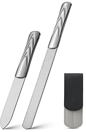FVION Nagelfeile Edelstahl Profi, Nagelfeilen Metall Doppelseitig mit Anti-Rutsch Griff Ledertasche, Fein/Grob Nagelfeile für Maniküre - 2 Stück Nail File Set