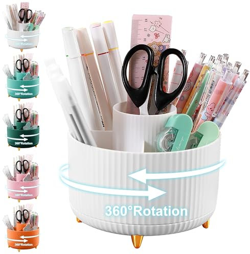 Cayxenful Desk Organiser, 360°Degree Rotating Pen Holder with 5 Slots, DeskTop Storage Stationery Supplies Organizer, Kids Pen Holder Pot For Office, School, Home (White)