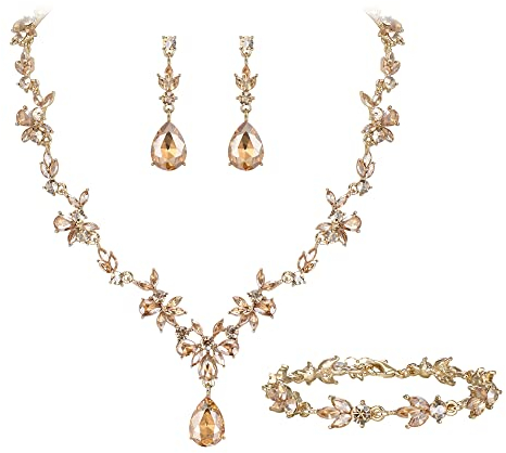 Clearine Hochzeit Schmuckset für Damen Braut Y Halskette Tennis Armband und Ohrringe baumeln Set Kristall Teardrop Marquise Cluster Schmuck für Brautjungfer Champagner Gold Ton