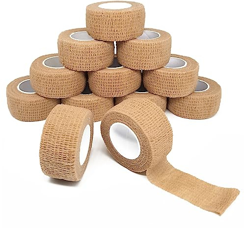 12 Rouleaux Bandage Autoadhésif, Bande Pansements non Tissées, Strap Cohésive Elastique pour Doigt Poignets Cheville Genous et Premiers Secours 2.5cm X 4.5m Beige