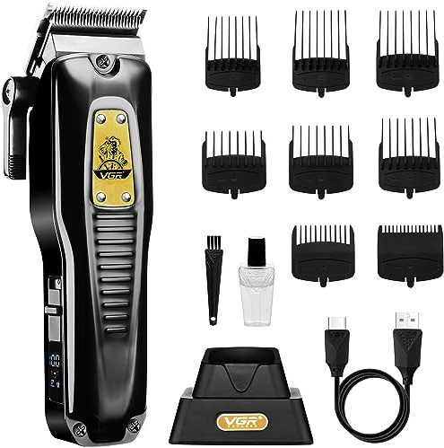 VGR Cortapelos inalámbrico para hombre con palanca cónica y modo turbo, kit profesional de corte de pelo para hombre con cuchillas de cerámica, cortadoras de peluquería recargables, Negro
