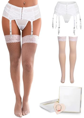 ohyeahlady strumpebandshållare set med stora storlekar, svart, 6 spännband, spetsbälte, nätstrumpor, höga strumpbyxor, Vitt och blått, XL-XXL