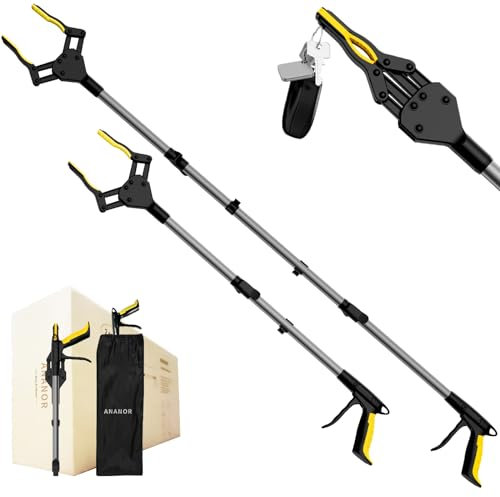 2 Stück 112 cm Und 81 cm Faltbare Greifzange für Senioren, Upgrade Breiter Kiefer mit 360° Drehbarer Kopf & 2 Aufbewahrungsbeutel, Robuste Greifer mit Magnet-Greifarm für Müllabfuhr, Armverlängerung
