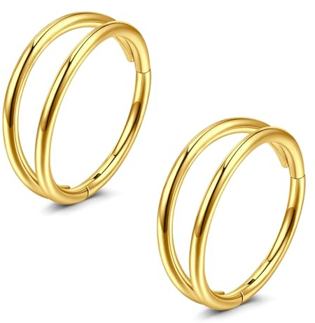JFORYOU 2Stk 16G/18G/20G Helix Piercings Nasenpiercing Ring Chirurgenstahl 6mm 8mm 10mm Double Hoop Hinged Clicker Septum Knorpel Conch Daith Tragus Rook Piercing Schmuck Gold Silber für Frauen Männer