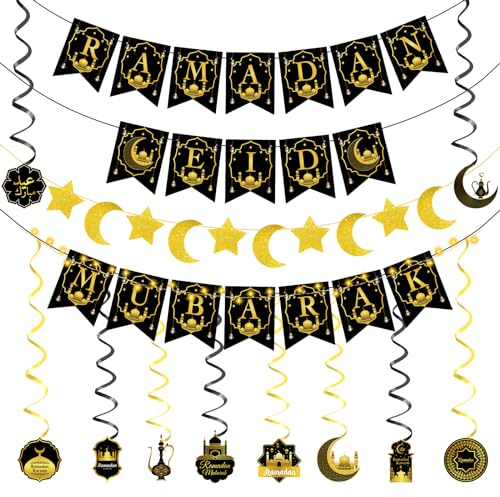 Ramadan Deko, BOLWEO Ramadan Mubarak Banner Set Ramadan Dekorationen mit 3m Lichterketten, EID Mubarak Deko für Eid Festival Party Dekoration, Ramadan Kareem Dekoration