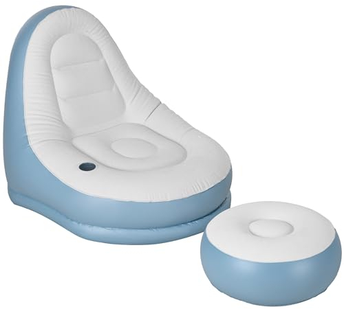 Outsunny Aufblasbares Sofa, Aufblasbarer Sessel mit Fußhocker Luftsofa mit Becherhalter, für Camping, Zuhause, Weiß, 125 x 100 x 87 cm