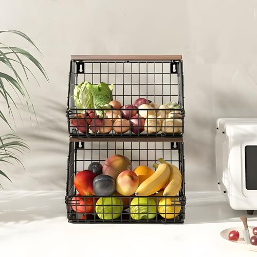 Gemsaya 2 Stück Obstkorb Hängend, Hängekorb Etagere Obstkorb mit Holzdeckel und 4 Haken, Wand Stapelbar Metall Obst Gemüse Zur Aufbewahrung Von Obst Gemüse Snacks, Schwarz