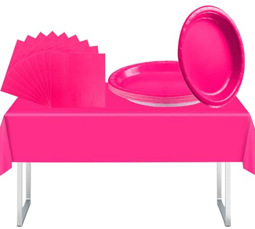 37Pcs Hot Pink Party Tableware Set for 16 Guests, Disposable Dinnerware include Hot Pink Paper Plates and Napkins Plastic Tablecloth for Girls Her Birthday Picnic Valentine's Day Wedding Party Supplie