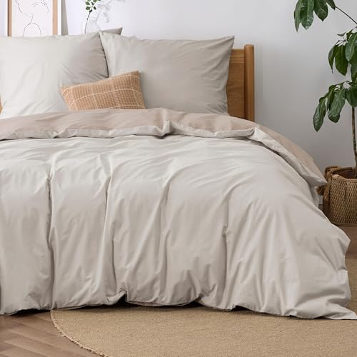 BEDSURE Parure de lit 200x200 coton Beige - Sets de linge de lit 200 x 200 cm Housse de couette réversible 3 pièces avec 2 taies d'oreiller 80x80 cm, Oeko-TEX Housse de couette bicolore avec fermeture