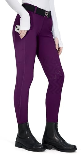 FitsT4 Sports Pantaloni invernali da equitazione per bambini, con rotula, in silicone, termici, con tasca per cellulare e tasche, viola., L