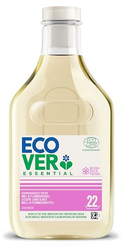 Ecover Essential Lessive Liquide Laine et Soie, Spécial Peaux Sensibles, Pour Linge Delicat, Parfum Lavande, 22 Lavages, 1L