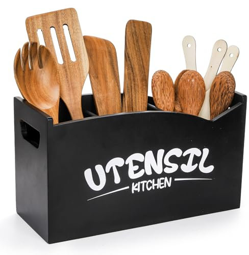 Jucoan Wood Utensil Holder with Removable Drainage Bottom, Large 3 Compartments Farmhouse Utensil Organizer Caddy with Handles for Kitchen Countertop Decor, Black