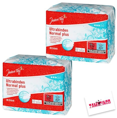 Jeden Tag Binden Normal plus 20 stk. mit flügel sicher mit Wäscheschutzfolie, frei von Parfum und Farbstoffen (2er Pack)