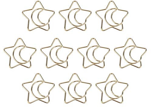 10 Stück Büroklammern, Metall-Büroklammer in Mond- und Sternform, mit Kunststoff beschichtet, galvanisch beschichtet, Stern- und Mond-Büroklammern, Lesezeichen-Markierungsklammern