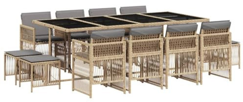 vidaXL Garten Essgruppe 13-TLG., Gartenmöbel Set Tisch mit 8 Stühle 4 Hocker, Gartengarnitur mit Kissen, Sitzgruppe Essgarnitur Terrasse, Beigemischung Poly Rattan