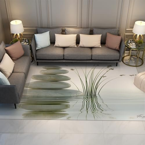 FEIPUHOME Art Modern Minimalist Area Rug White Stone Reeds Water Ripples Pattern Floor Carpet for Living Room Dorm Soft Low Pile Door Mat 200x300cm