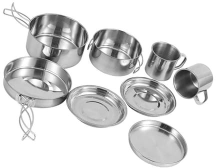 Set di pentole in acciaio inox – pentole da campeggio con manico pieghevole, attrezzatura da cucina da campeggio, set da 8 pezzi