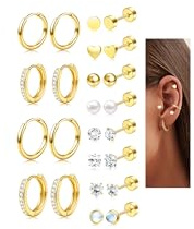 FANCH 12Paar Ohrstecker Set für Damen Herren 316L Edelstahl Ohrringe Set Chirurgenstahl Hypoallergene Creolen CZ Mondstein Flache Rücken Helix Knorpel Ohrringe für Mehrere Piercing Gold