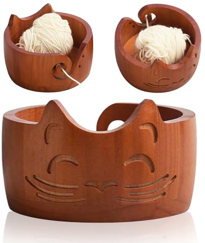 Hinourisha Garnschale, 17x10cm Groß holzschale für Wolle, Vintage Katzenform Leicht Wollschüssel zum Stricken, Handgefertigt Wollschale zum Häkeln, Tragbar Strickschale für Strick- und Häkelprojekt