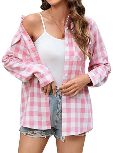 Stamain Checked Shirts Womens Clothing Long Sleeve Plaid Shirt for Women UK Blouse Top Roll Up Button Down Casual Classic Office Party with Pockets S-3XL