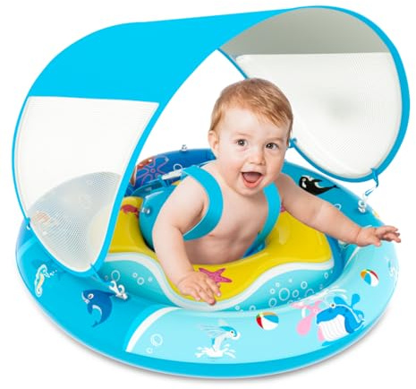 ACELIFE Baby Swimming Float with Canopy UPF 50+, Inflatable Baby Swim Ring with Adjustable Safety Seat, Baby Pool Float for Infants Kids Toddler 3 to 36 Months, Baby Birthday Gift