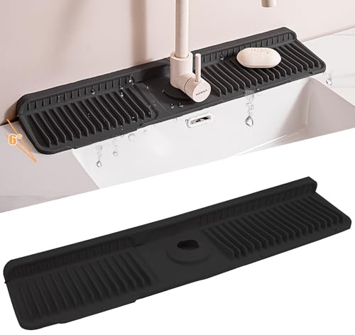 Volminex 6°Slope Sink Splash Guard, Silicone Faucet Mat, Black, 60×14cm | Foldable Faucet Mats, Handle Drip Catcher Tray, Sink Protector Mat, Draining Pad Around Tap for Kitchen Sink and Bathroom
