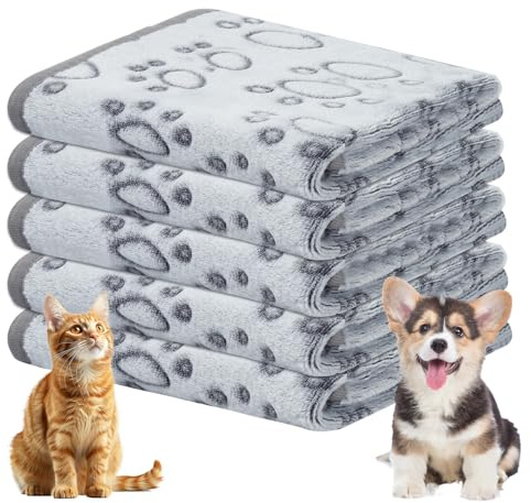 Omtofo 5 Pezzi Lavabile Coperta Per Cani, Morbida E Calda Flanella Copertina Gatto, Adatto A Cani E Gatti Di Piccola E Media Taglia, Graziosa Coperta Cane Con Impronte Di Zampe, Grigio (76×52cm)