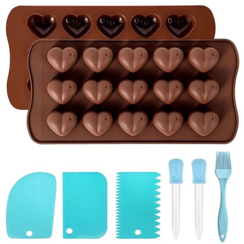 Lucywey 2 moldes de chocolate con 15 cavidades de chocolate con cepillo, espátula para goteros – Molde profesional DIY para chocolate, antiadherente, silicona (marrón)