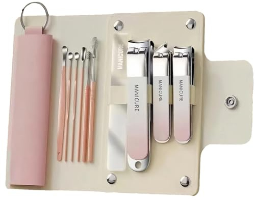 Bibykivn Kit manucure pédicure 10 pièces en acier inoxydable Set professionnel pour ongles, cuticules et soins des pieds Avec étui de voyage pour femme et homme (Rose)