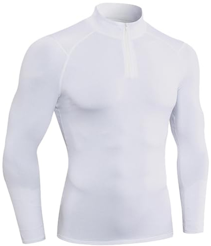 Hiver Tee Shirt Thermique Homme Manche Longue, Fermeture Eclaire Quater, Baselayer Maillot Running Vetement Fitness Top pour Sports Jogging Musculation Chemise,Blanc,M