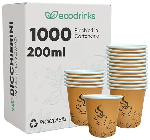 1000 Bicchieri di Carta da 200ml, Colore Avana e Grafica Caffè - Rivestimento Interno Impermeabile, Perfetti per Bevande Calde - Biodegradabile, Look Professionale - Per Bar, Ufficio, Eventi