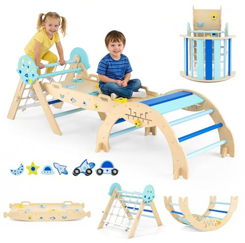 COSTWAY Klettergerüst Indoor 3er Set, klappabres Kletterdreieck mit Rutsche, Kletterbogen, Netz, inkl. doppelseitige Rampe, Baustein Set & 2 Autos, Universum Sprossendreieck Holz für Kinder ab 1 Jahr