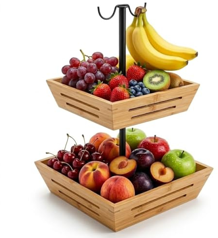 G.a HOMEFAVOR Bambus Obstkorb mit Bananenhalter 2 Etagen Obstschale Groß Küche Gemüsekorb Obst Etagere Aufbewahrung Obstregal