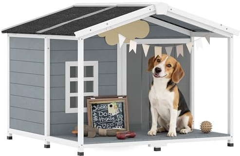 PawHut Hundehütte wetterfestes Hundehaus aus Holz 103 x 107 x 83,5 cm Erhöhte Hundehöhle mit aufklappbarem Asphaltdach, Terrasse, Fenster, Outdoor Hütte für mittelgroße Hunde bis 20 kg Grau