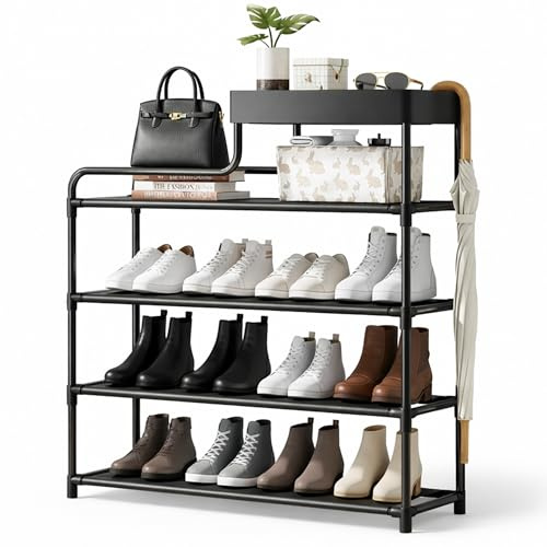 JANDTEK Zapatero Entrada Recibidor Estrecho - Mueble Zapatero Metálico Negro para 28 Pares - Organizador Zapatos de 4 Baldas - Estantería para Zapatos con Bandeja para Llaves y Soporte para Paraguas