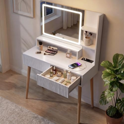 Hawthyhome Weiß Schminktisch mit Beleuchtun und Ladestation, Moderner Frisiertisch mit 2 Riffel-Schubladen und Ablagen, 3 Lichtmodi, Kosmetiktisch mit Massivholzbeinen für Schlafzimmer