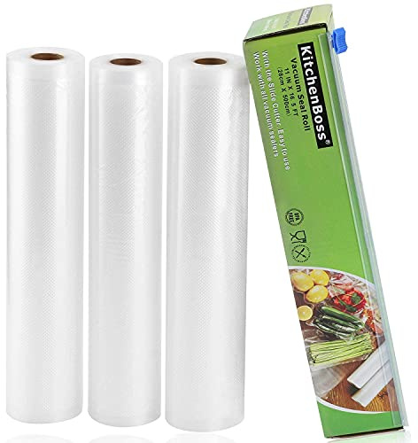 KitchenBoss Tomma Professionell Food Väskor 3 rullar 28x500cm med skärlåda (Inga fler sax) för matförvaring, sous video kök, BPA gratis