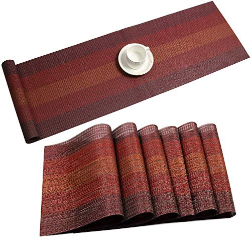 Tischsets mit Tischläufer-Set, waschbar, Vinyl, gewebt, isoliert, hitzebeständig, Küchentischmatten für Familienessen, Partys im Freien oder im Innenbereich, Weihnachten und Treffen (bunt, rot)