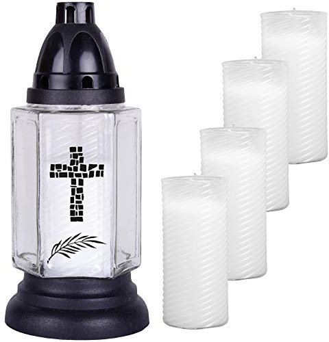 HS Candle Grableuchte aus Glas (24cm) mit Kreuz inkl. 5 Nachfüllkerzen - Design Brava weiß